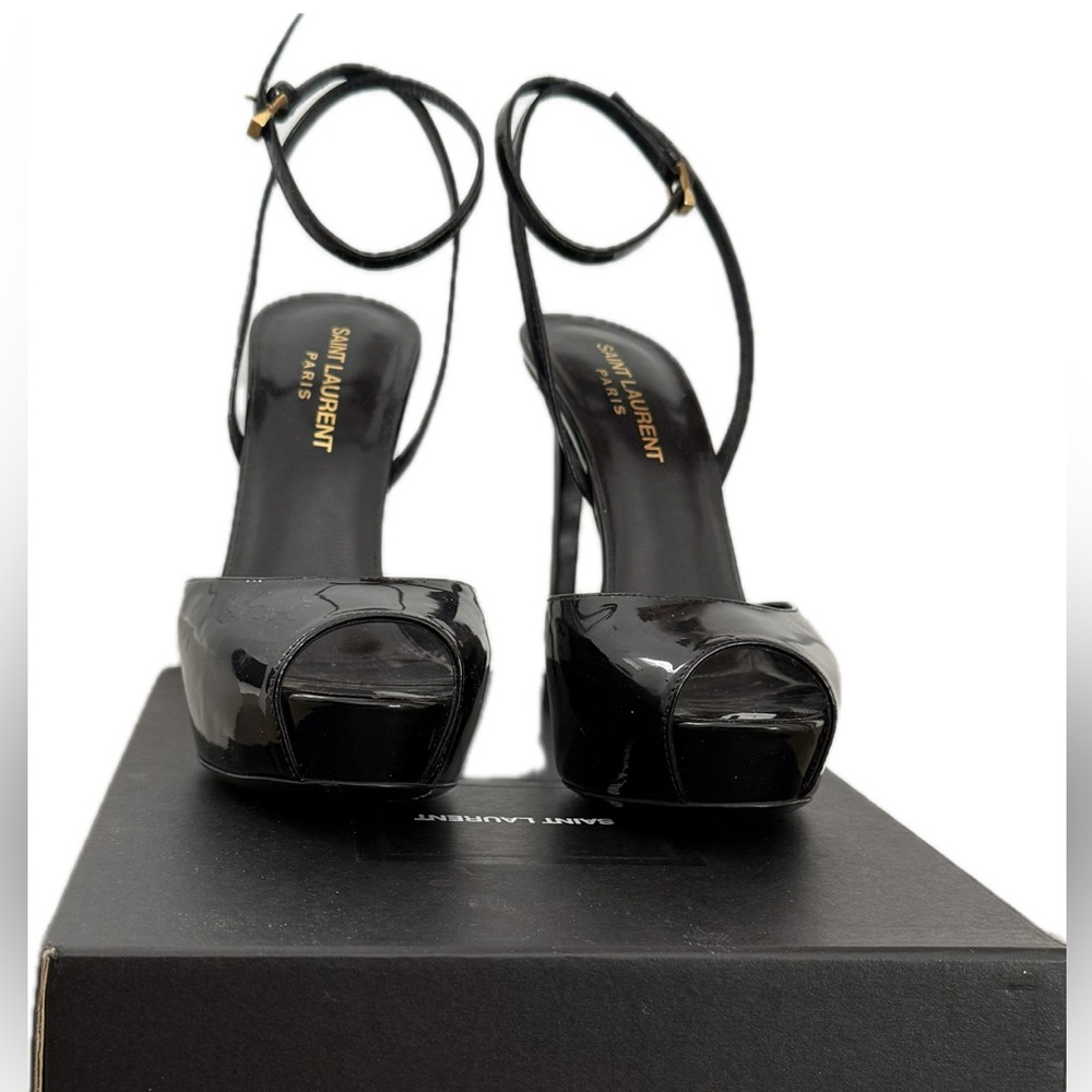 Saint Laurent patent leather peep toe strap sandal, size 37.
